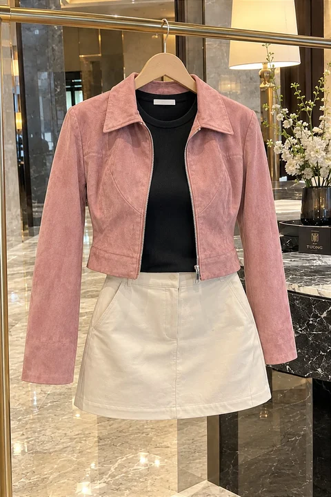A pink cropped jacket, black top and cream short skirt are arranged on a hanger in a polished interior.