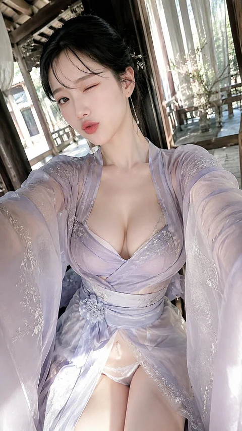 A woman in a draped lavender dress sits in soft window light inside an ornate room.