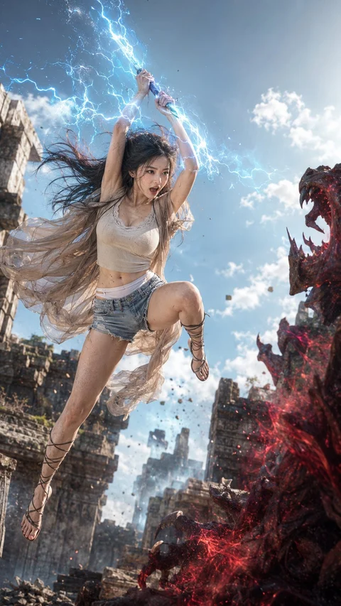 A giant fantasy figure raises an arm toward lightning while leaping between broken city buildings.