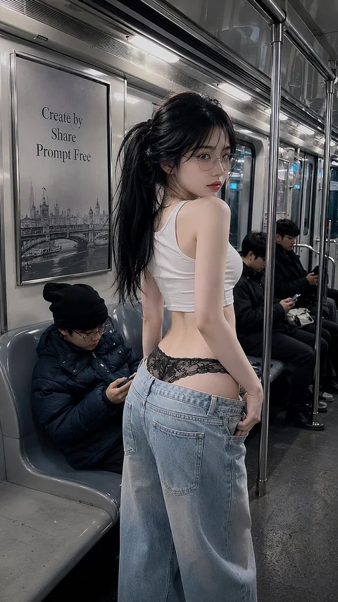 A woman in a white cropped top and loose jeans looks back while standing inside a train.