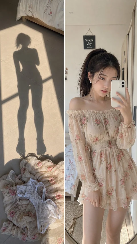 A person in a pale floral dress takes a mirror portrait beside a strong silhouette on the wall.