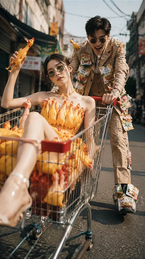 A woman sits among oversized fries in a shopping cart pushed by a man along an outdoor market street.