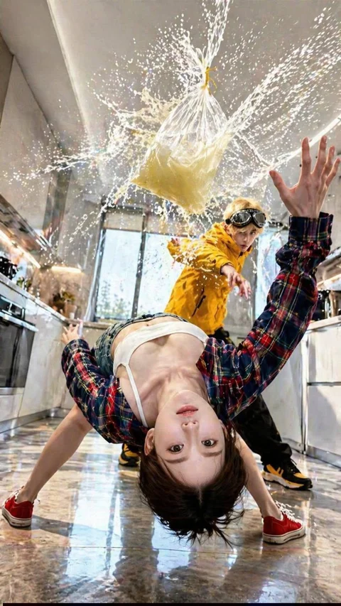 A drink splashes above a woman bending backward in a plaid shirt inside a bright room.