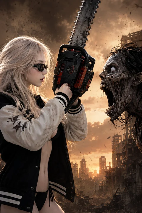 A blonde woman in sunglasses holds a chainsaw near a snarling creature in a smoky scene.