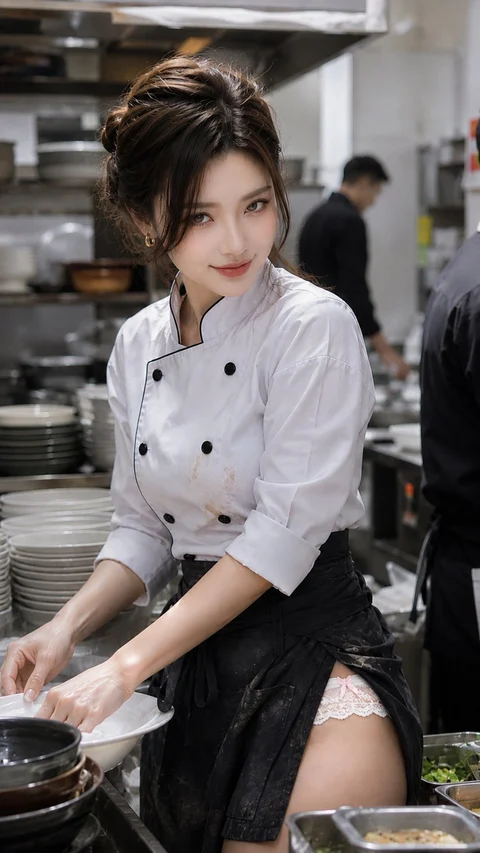 A person in a white double-breasted chef jacket and black apron prepares food at a counter in a busy kitchen.