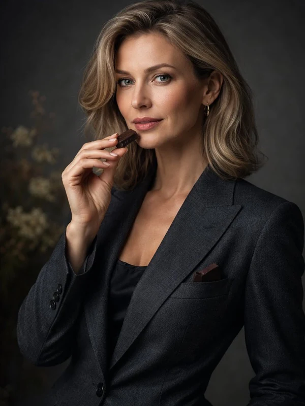 Woman in a charcoal suit holding a piece of chocolate in a dark studio