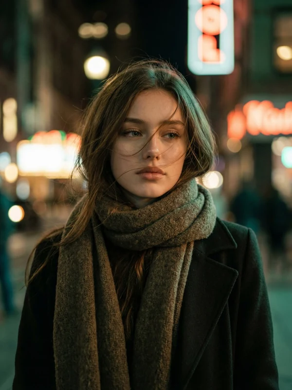 Woman in a winter scarf on a softly lit city street at night