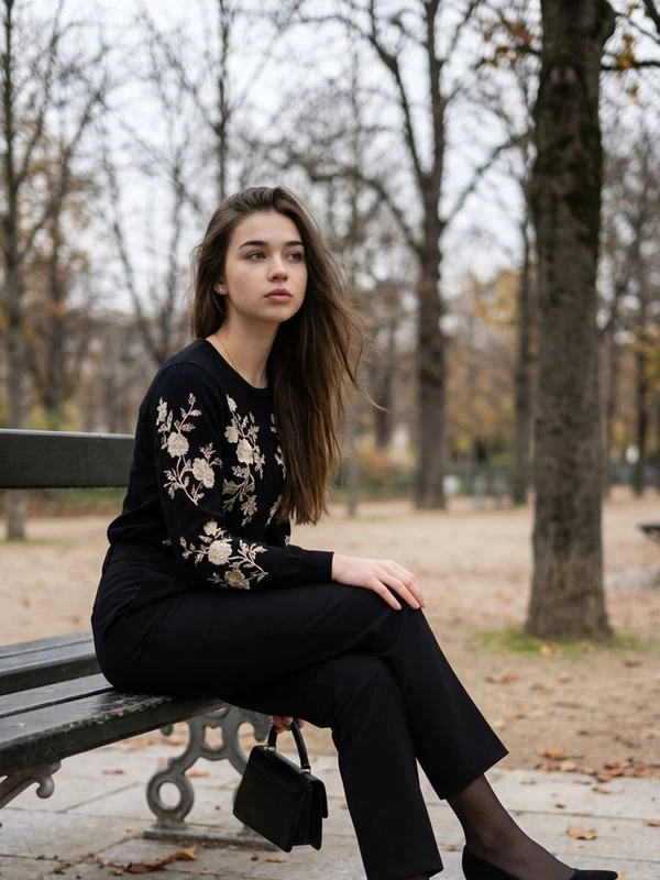 Woman in an embroidered black outfit seated on a park bench