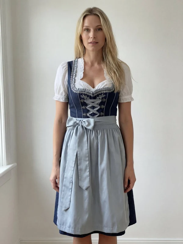 Woman in a blue and white embroidered folk dress beside a bright window