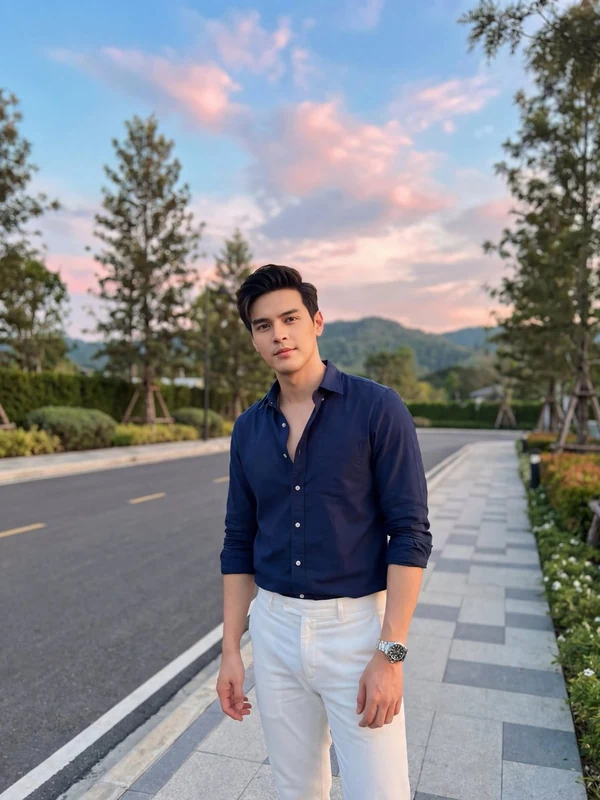 Man in a navy shirt and white trousers on a quiet road at sunset