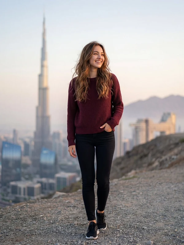 Woman in a burgundy sweater overlooking a city skyline from a rocky hillside