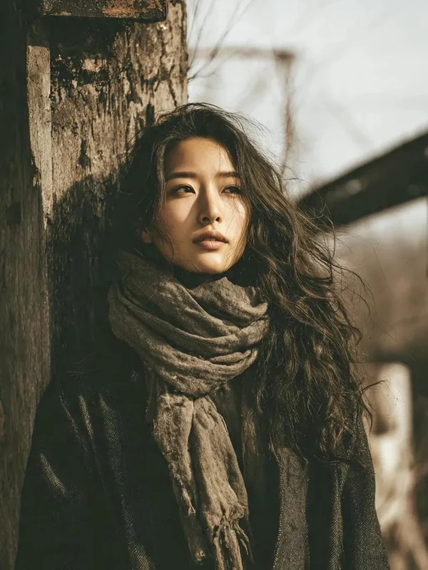 Woman in a textured winter coat and scarf beside a tree