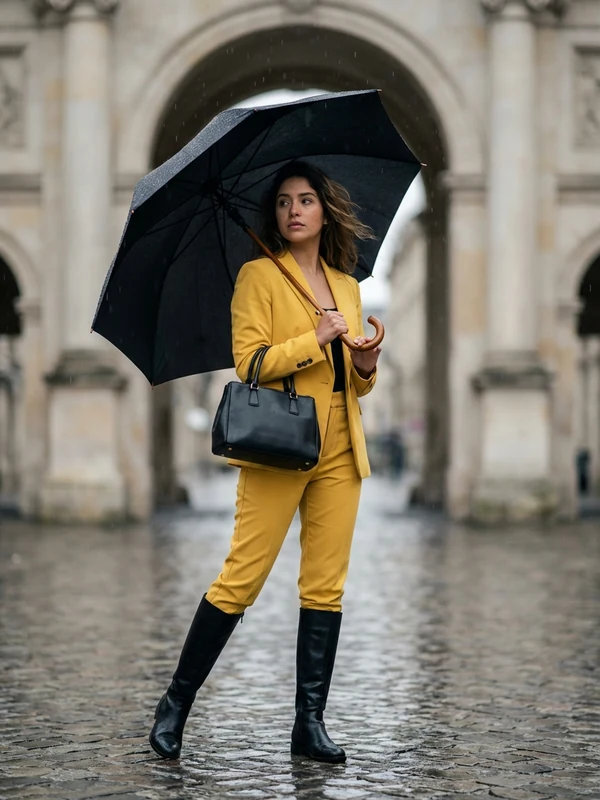 Woman in a yellow suit holding a black umbrella on a rainy stone plaza